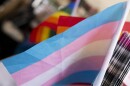 A transgender pride flag is displayed at a booth during Portland Pride on July 21, 2024, in Portland, Ore.