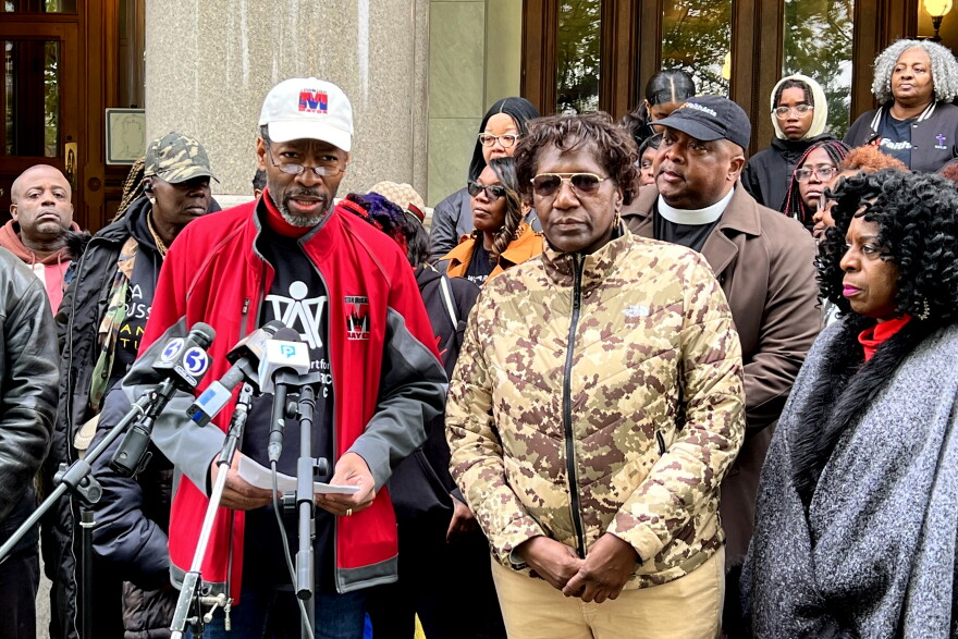 J. Stan McCauley, president of the Greater Hartford African American Alliance, speaks at a gathering in Hartford to discuss the latest on ongoing flooding and sewage issues in the city’s North End. They’re upset that legislative efforts to help the neighborhood may get stalled during the current legislative session.