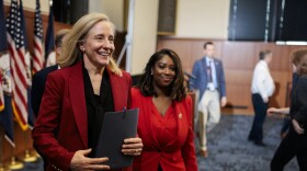 Gov. Abigail Spanberger and state Sen. Lashrecse D. Aird, D–Henrico, leave a press conference on Tuesday, June 16, 2026 in Richmond, Virginia.
