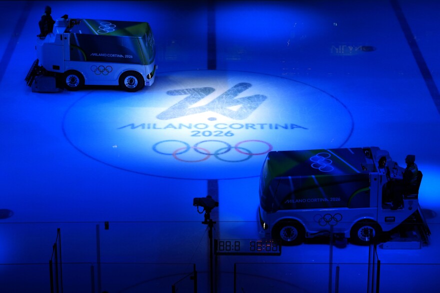 The ice is prepared for a women's ice hockey semifinal match between the United States and Sweden at the 2026 Winter Olympics, in Milan, Italy, Monday, Feb. 16, 2026.
