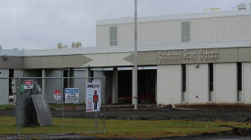 A work fence controls access to Soldotna Prep School on Tuesday, Oct. 6, 2026 in Soldotna, Alaska.
