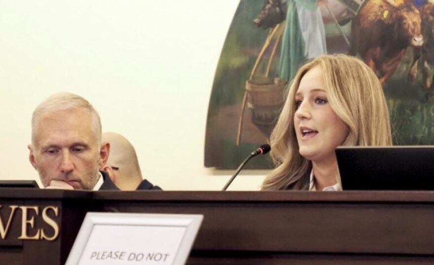 Sen. Ally Seifried, R-Claremore, speaks while Rep. Chad Caldwell, R-Enid, listens during an interim study at the state Capitol in Oklahoma City on Oct. 7.