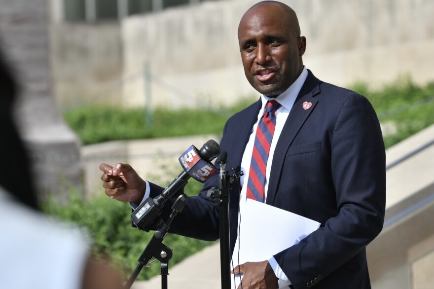 Kansas City Mayor Quinton Lucas on the steps of the Kansas City Police Department on Tuesday, Aug. 3, 2021. 