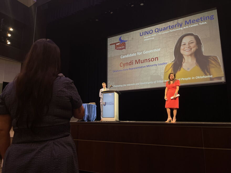Sac and Fox Nation Principal Chief Audrey Rose Lee speaks with Democratic gubernatorial candidate and Oklahoma House Minority Leader Cyndi Munson on Aug. 27.
