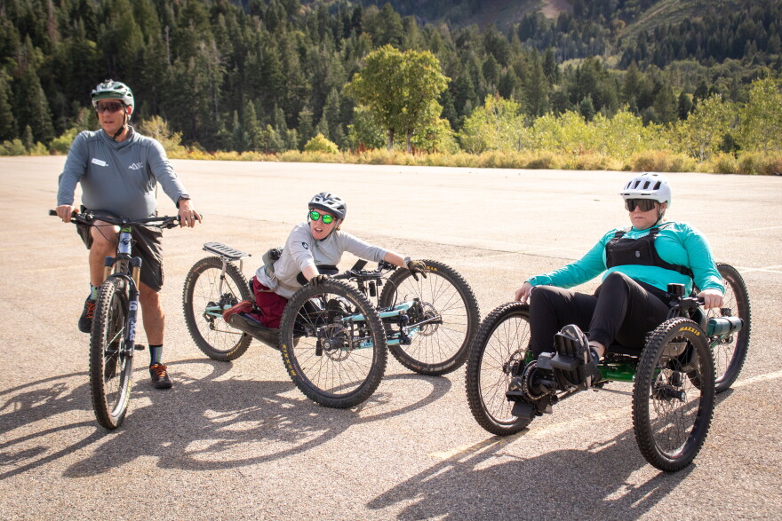 Kristi Prall (center) and fellow cyclists before riding at Snowbasin, Sept. 10, 2026