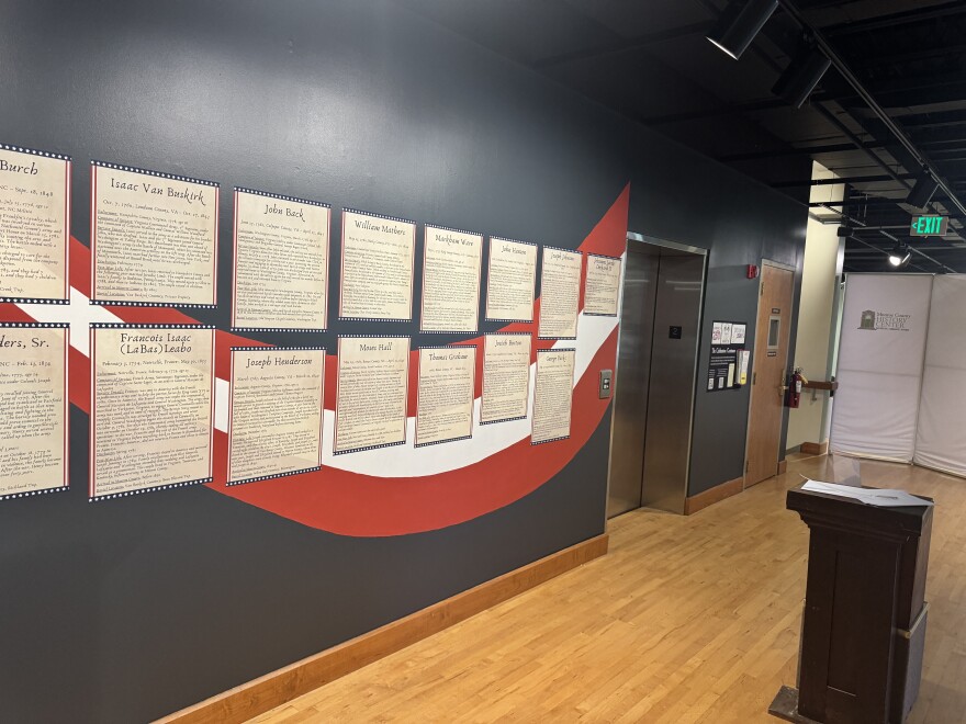 A wall of Indiana Revolutionary War veterans biographies at the Monroe County History Center. 