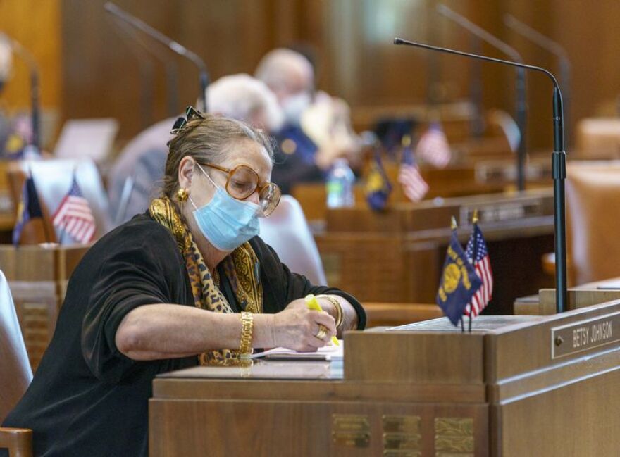 Sen. Betsy Johnson, D-Warren, on the Senate floor at the Oregon State Capitol, in May 2021, Salem, Ore.