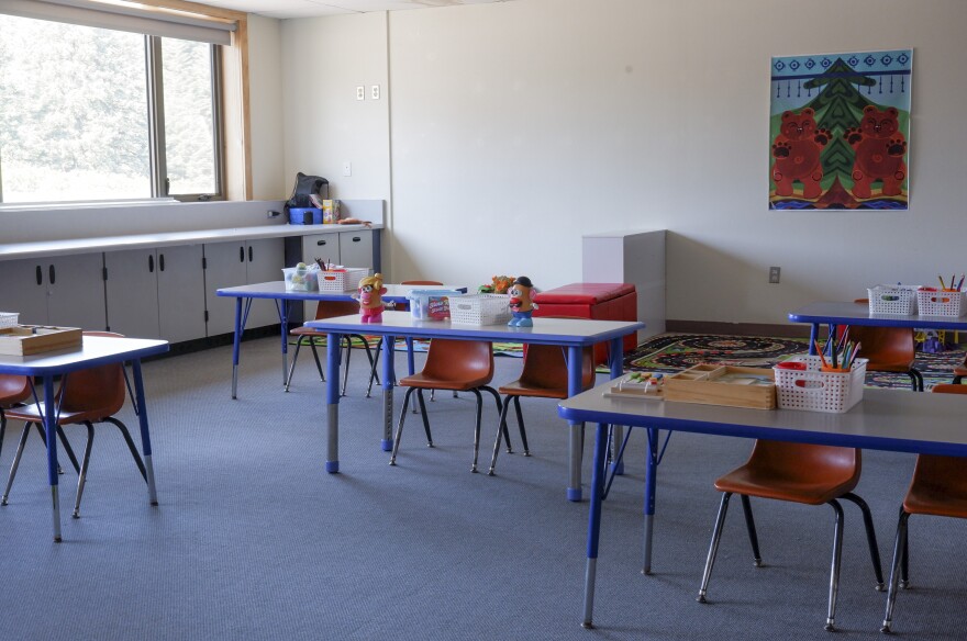 Desks covered in art supplies sit ready for preschoolers in Kodiak's North Star building on July 31.