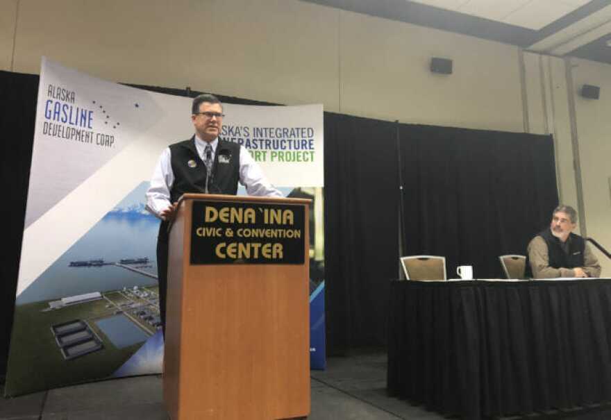 AGDC president Keith Meyer speaks at a public meeting in Anchorage on May 9, 2018. (Photo by Elizabeth Harball/Alaska’s Energy Desk)