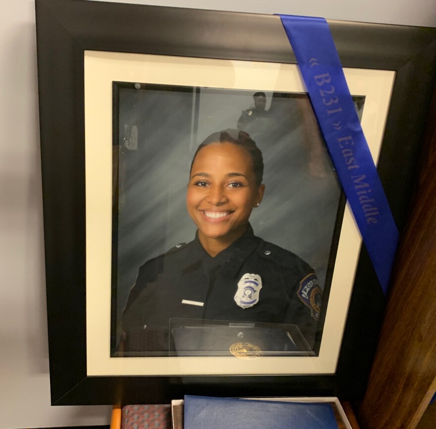 A framed picture of fallen IMPD Officer Breann Leath.