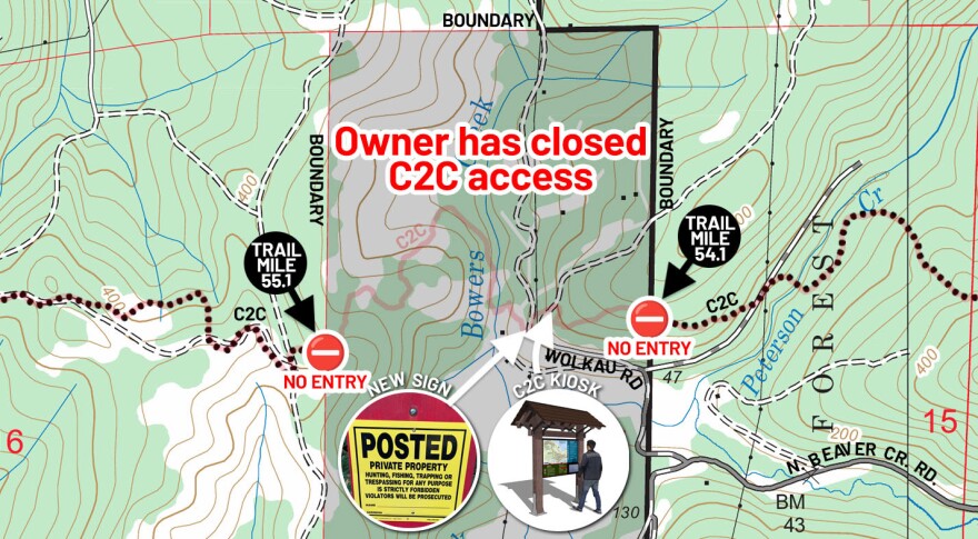 Corvallis-to-the-Sea supporters have posted warnings about the closure of the 60-mile long trail about five miles east of Ona Beach State Park north of Seal Rock.