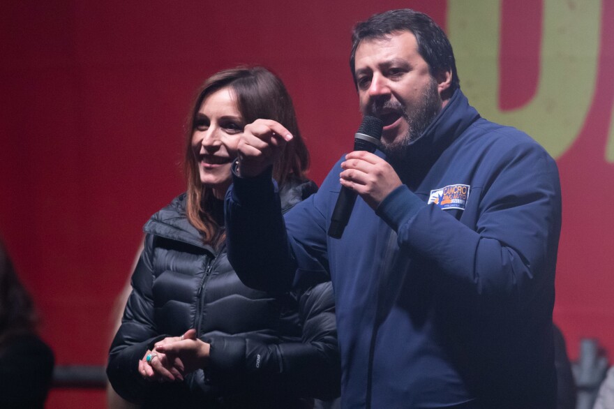 Lucia Borgonzoni and Matteo Salvini attend a political meeting of Lega italian political party at Town Hall Square on January 23, 2020 in Bibbiano, Italy.