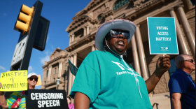 Demonstrators rally outside the Tarrant County Courthouse on Sept. 1, 2026, in Fort Worth.