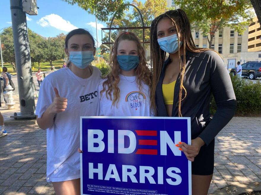 UT sophomores Maddie Nelson, Lillian Hodges and Gabriela Long celebrate Biden's win at the Capitol.