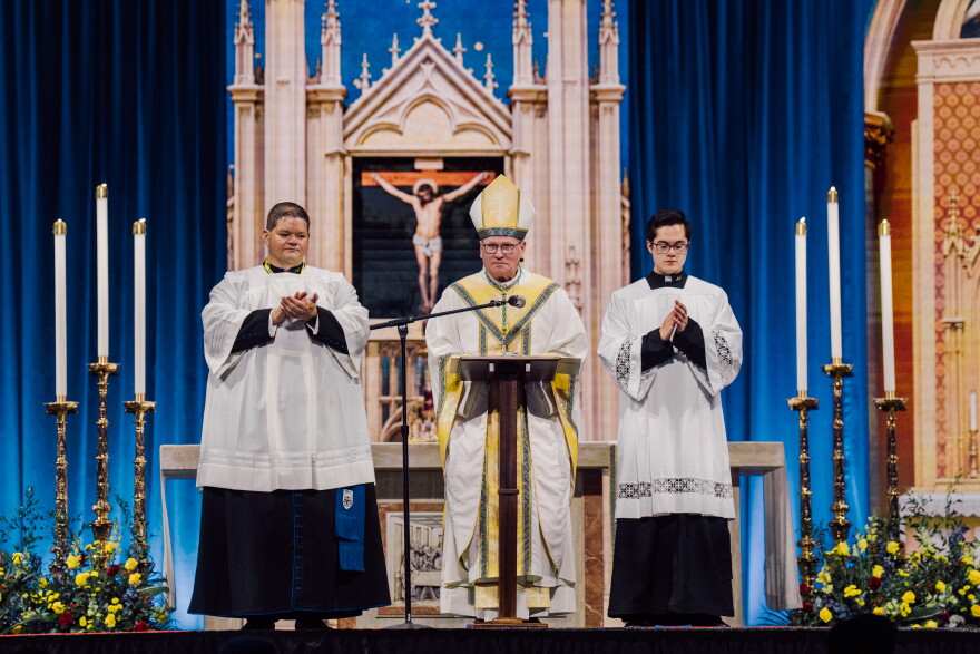 Peoria's Bishop Louis Tylka speaks during the beatification Mass for the late Archbishop Fulton J. Sheen on Thursday at the Dome at America's Center in downtown St. Louis.