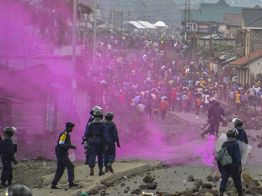 Police in Goma, Democratic Republic of Congo, launched flares during a demonstration on Monday.