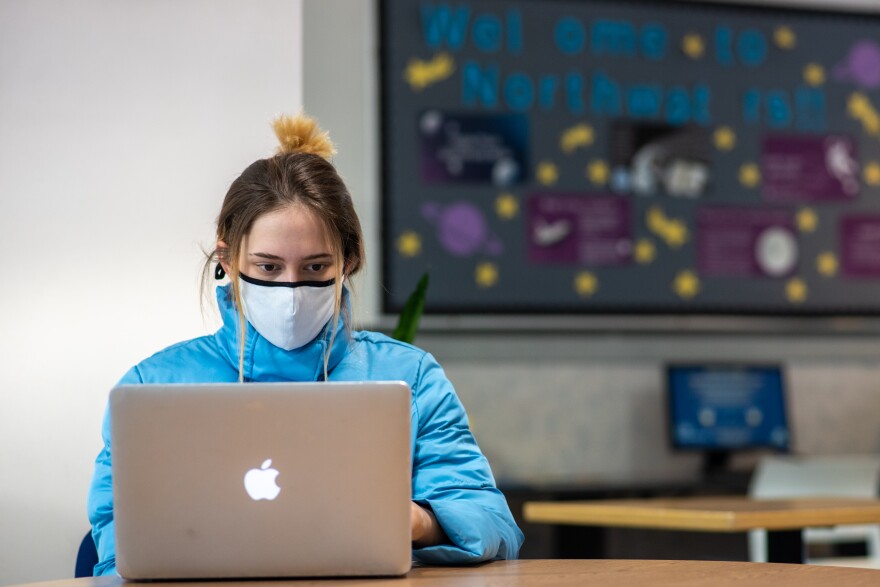 Montana State University freshman Daisy Khoury hangs out in the lobby of her dorm on Feb. 20, 2021.