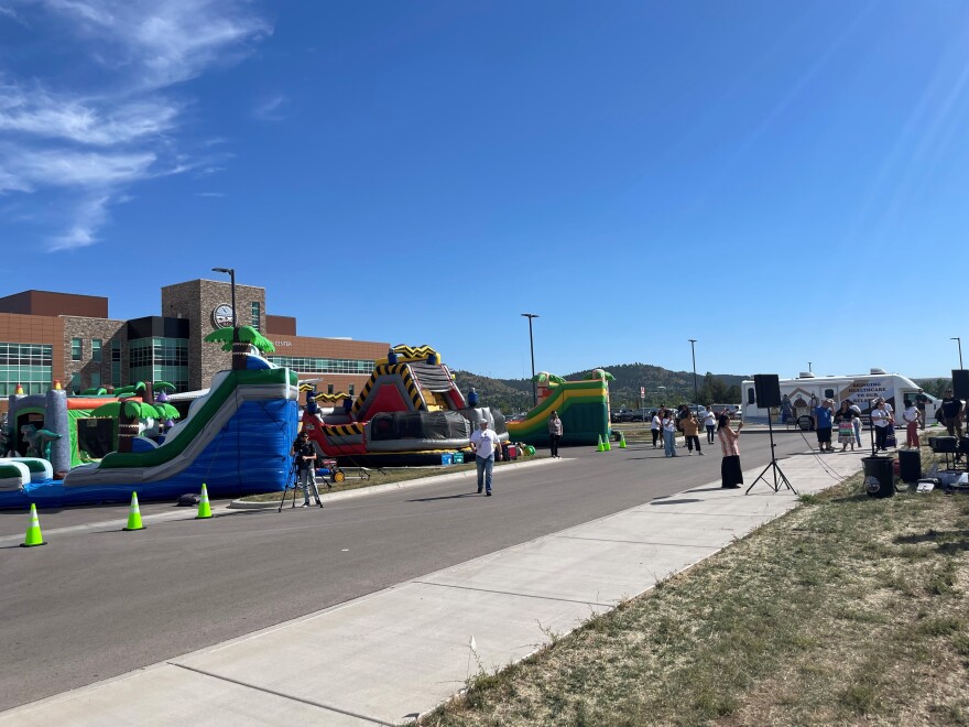 Bouncy houses outside of Oyate Health Clinic for the celebration of the health system's five year anniversary.