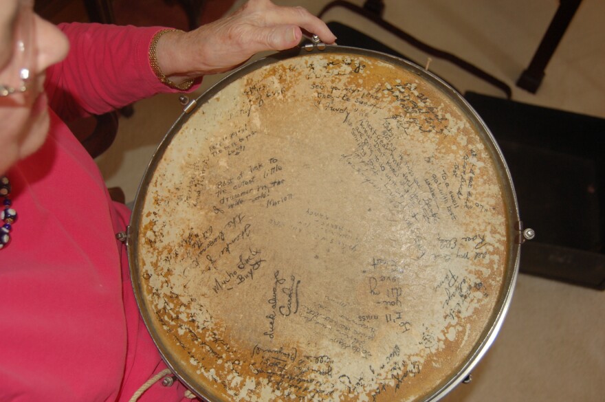 "To a swell gal with best wishes" — Jo Singletary Barbre holds a snare drum signed by her fellow Darlinettes.