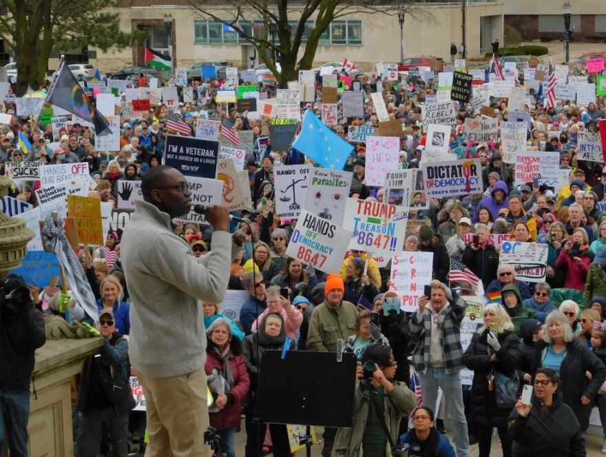 Lt. Gov. Garlin Gilchrist speaks to a crowd from the Capitol steps on April 5, 2025