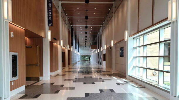 The Ken and Lorraine Epperson Gallery stretches across the the ground floor of the Goldfarb Center for Performing Arts.