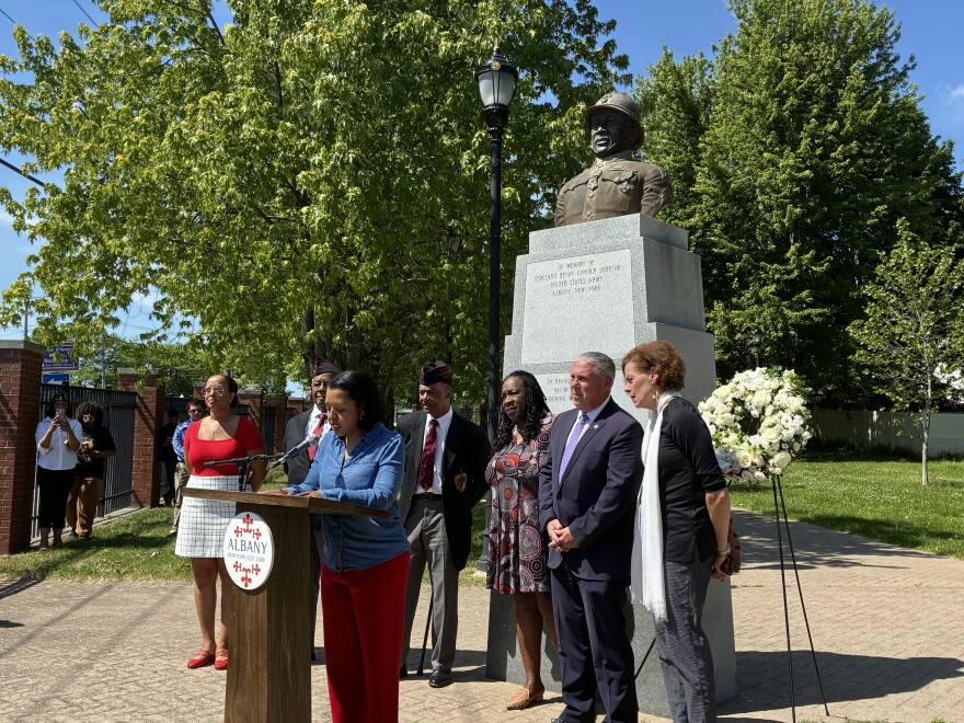 Albany Mayor Dorcey Applyrs speaks at a ceremony in Henry Johnson Park on Friday, June 5, 2026. 