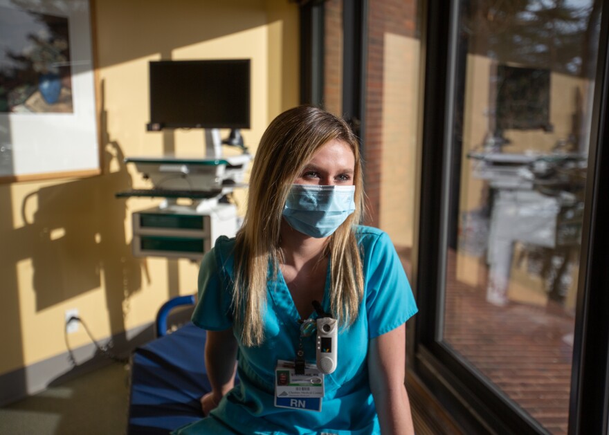 Stephanie Alden, a registered nurse at Cheshire Medical, poses for a portrait in the Thompson Unit at Cheshire Medical Center in Keene on Friday afternoon.