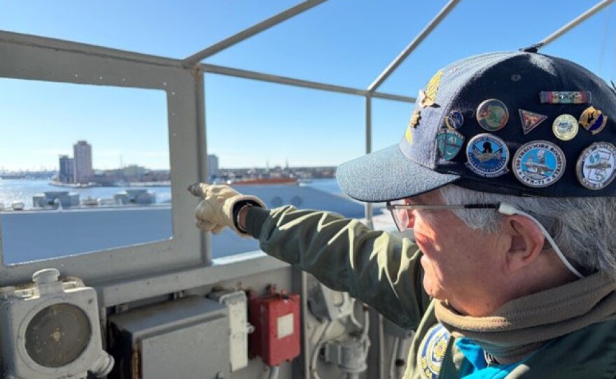 Retired Warrant Officer David Woods gives a tour of the USS Wisconsin, a World War II era battleship that is now a floating museum in Norfolk, Virginia.