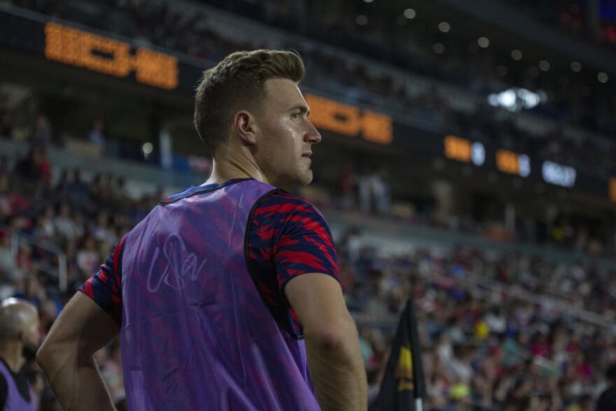 Forward Julian Gressel looks on from the sidelines during the USMNT’s Gold Cup match against St. Kitts and Nevis on Wednesday, June 28, 2023 at CityPark in St. Louis. 