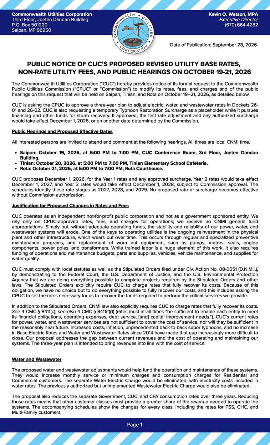 Public Notice of CUC's Proposed Revised Utility Base Rates, Non-Rate Utility Fees, and Public Hearings on October 19-21, 2026