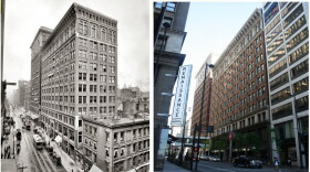 The Mercantile Library building on Walnut Street circa 1910 (left) and today.