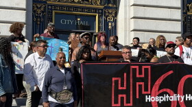 Folks rally in front of San Francisco's City Hall to protest the closure of Hospitality House's Sixth Street Self-Help Center