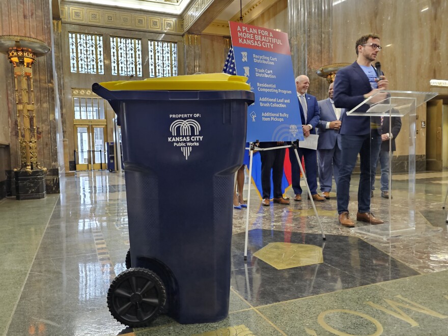 A new recycle cart sits in city hall. They will begin rolling out May 1.