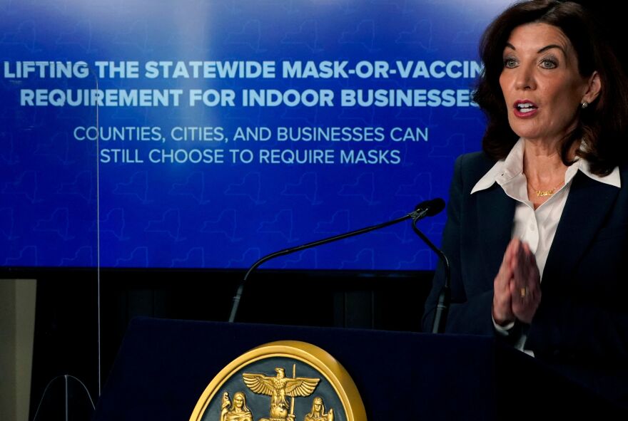 New York Gov. Kathy Hochul speaks on allowing the state's indoor mask mandate to expire during a press conference on Feb. 9. She was among several Democratic governors to announce an end to the mandates.