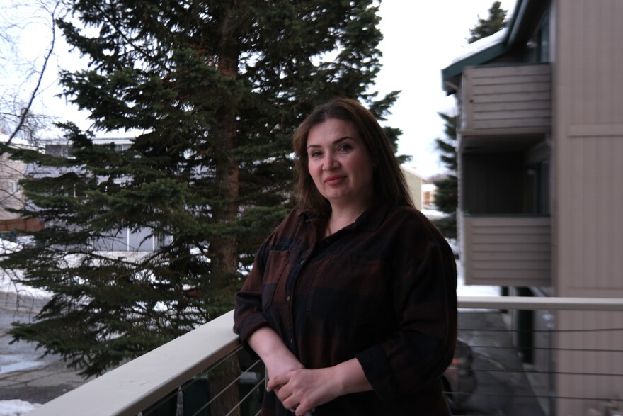 Oksana Bondar outside of her Anchorage apartment on April 6, 2026.