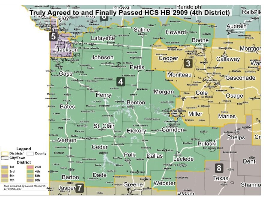 The newly redrawn 4th Congressional District runs from northern Boone County in central Missouri to the Kansas border.