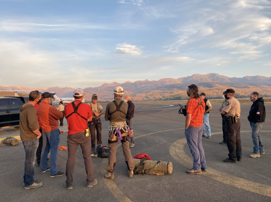 Search and rescue teams gather to respond to a plane crash near Telluride on Monday, Oct. 5, 2020.