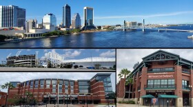 Jacksonville's Downtown Northbank skyline is pictured along with TIAA Bank Field, Daily's Place, VyStar Veteran's Memorial Arena and 121 Financial Field.