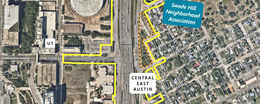A map showing the location of a temporary noise barrier near the Swede Hill neighborhood