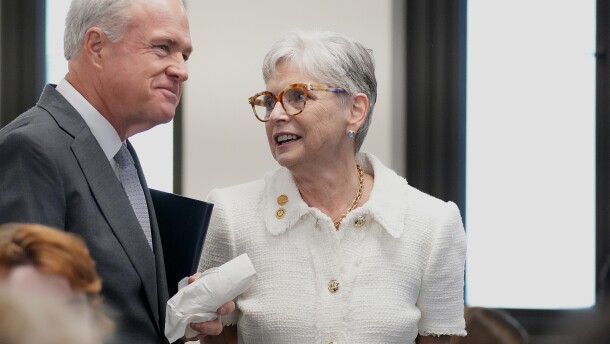 Senate Medical Affairs Committee Chairman Danny Verdin, R-Laurens, speaks with former Lexington Republican Sen. Katrina Shealy during a Senate Medical Affairs subcommittee hearing on S. 1095 at the Statehouse on April 14, 2026.