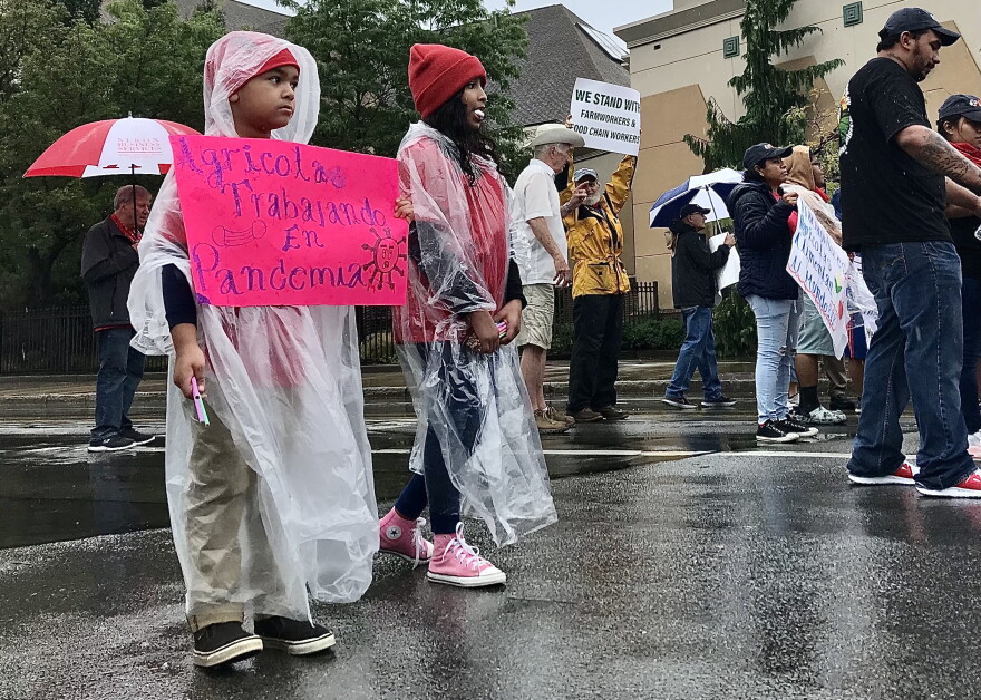 A child joining the farmworkers union, Trabajadores Agricolas Unidos-NY, section of Monday's Labor Day parade holds a sign that reads: "Agricultural working in pandemic."