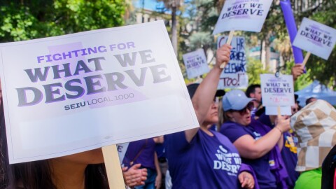 Members of SEIU Local 1000 gathered at the capitol to protest returning to office on July 1, 2026.