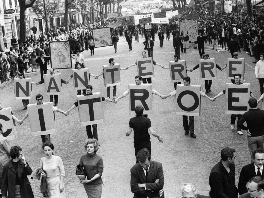 Workers from the Nanterre Citroen car factory take part in the demonstration organized by the CGT French workers union on May 29, 1968.