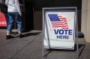 A vote here sign its in front of the WWI Museum and Memorial