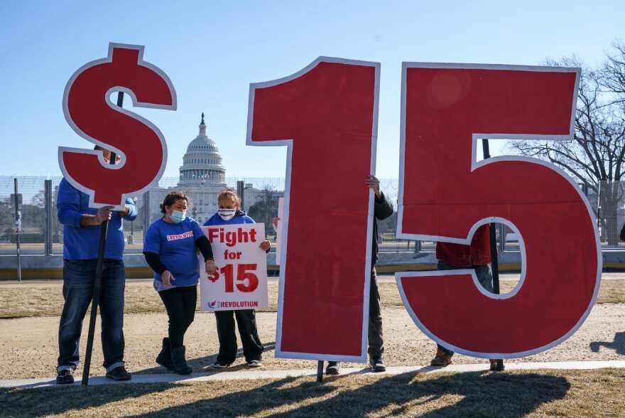 Demonstrators called for a $15 federal minimum wage in front of the U.S. Capitol in February 2021.