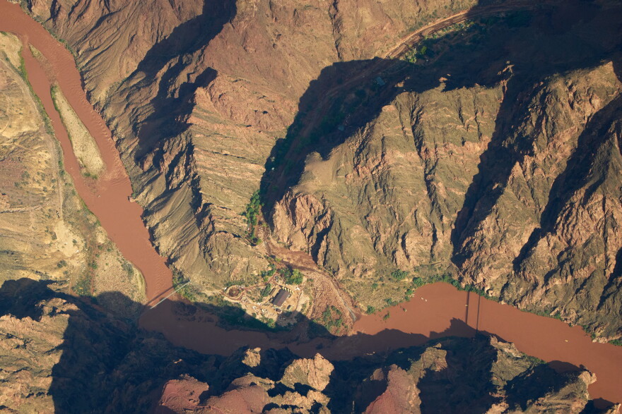 Bright Angel Canyon, the scene of flash floods, runs into the Colorado River in the Grand Canyon, Monday, Aug. 31, 2026, at Grand Canyon National Park, Ariz.