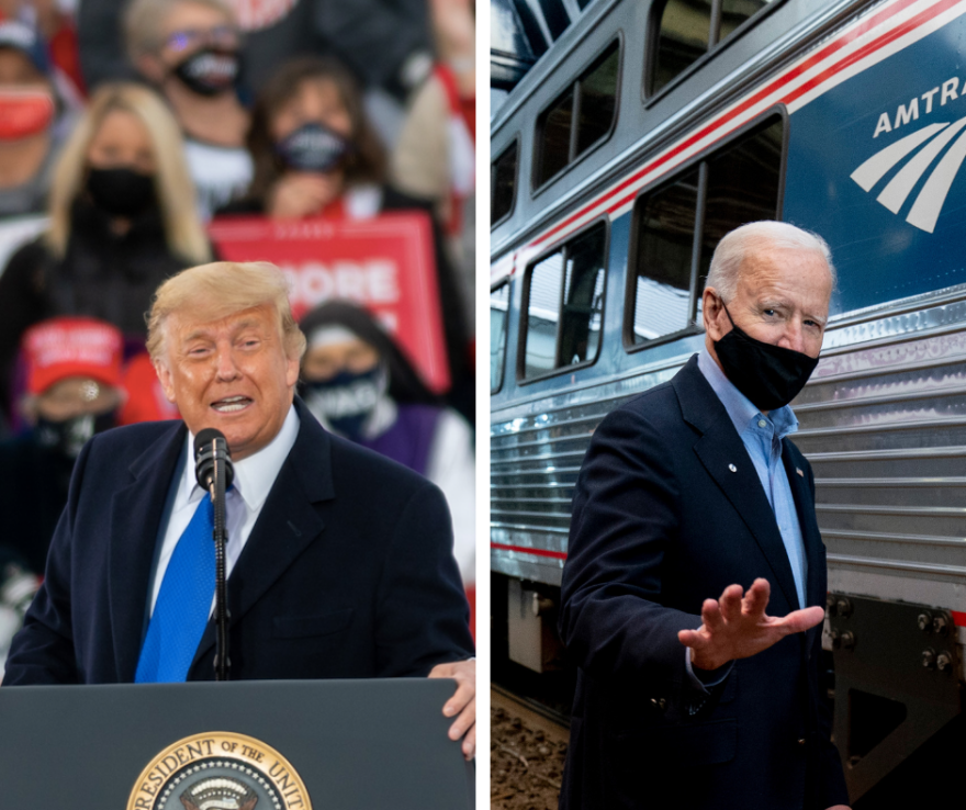President Donald Trump at an October rally in Circleville, OH; former Vice President Joe Biden at a train tour stop in Pittsburgh in September. One class at NKU is putting the tensions of a pandemic election year to good use. 