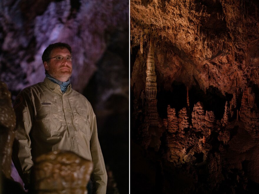 Left: Tom Forwood, Park Assistant Manager, Lewis and Clark Caverns State Park. Right: Formations in the caverns.