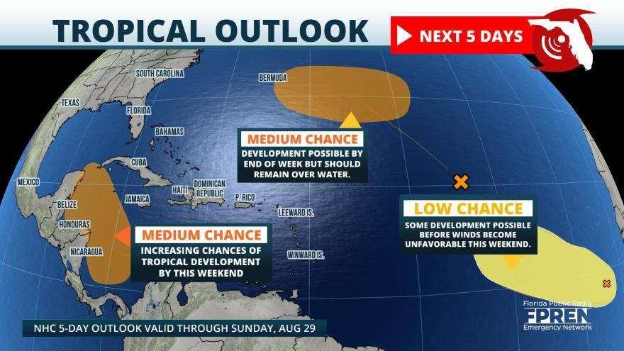 Forecasters are monitoring three areas for possible tropical development. Image: FPREN / National Hurricane Center
