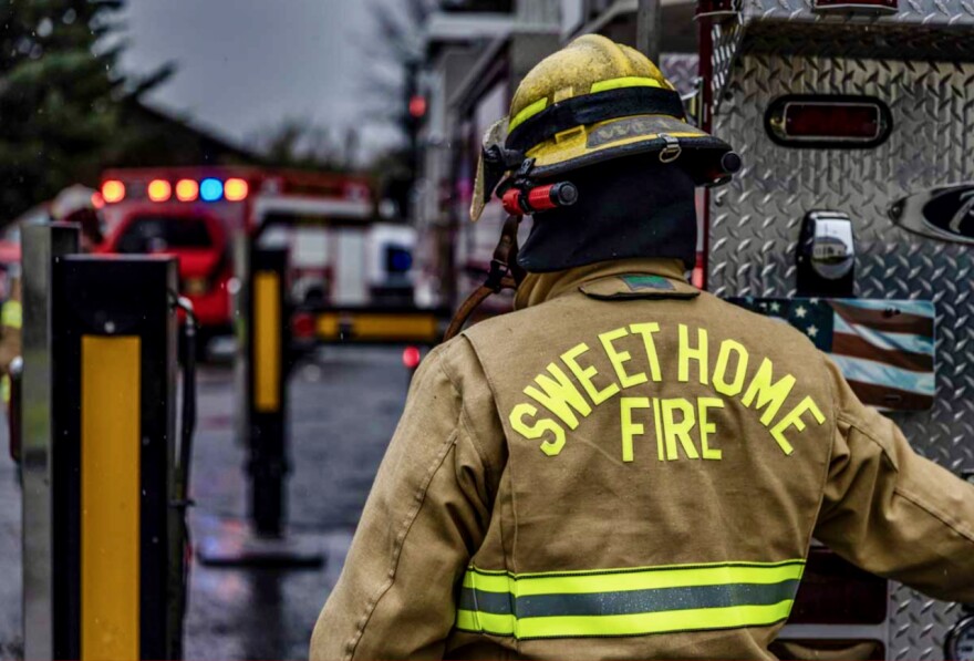 A firefighter stands with their back to the camera. 